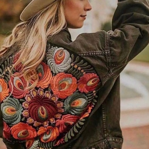 New Boho Embroidered Black Denim Jacket Coat - Picture 3 of 12